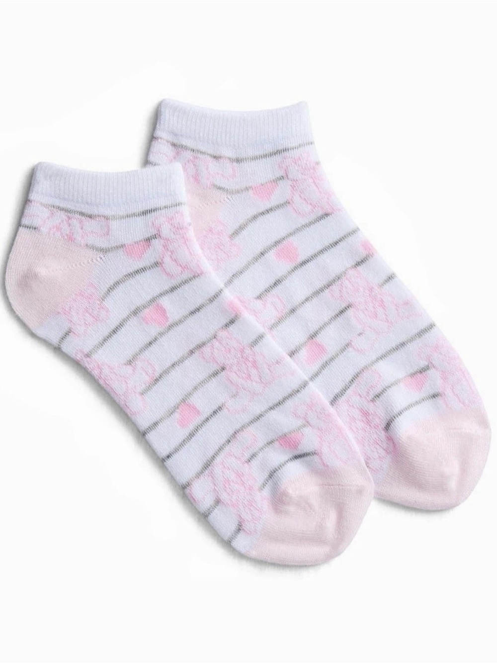 🫧 $2 Pink & White Striped Low Cut Socks with Teddy Bears & Hearts ~ NWT